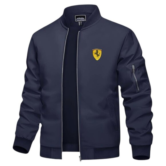 Men's Ferrari Car Logo Embroidered Light Weight Bomber Jacket -Navy Blue